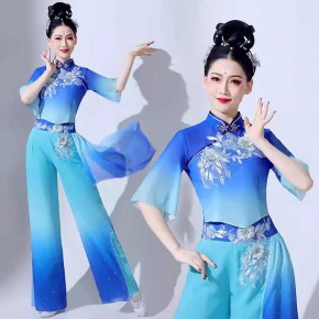 Royal Blue Gradient Chinese folk dance costume for women girls fan umbrella dresses girl Yangge Modern dance costumes for adult square dance wear